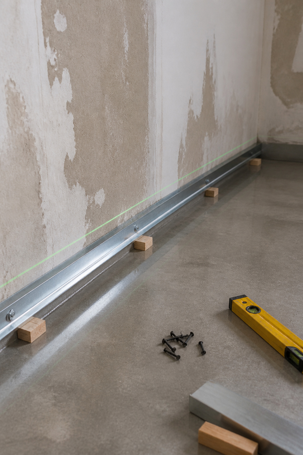 Close-up of wall angles being installed along a painted wall.