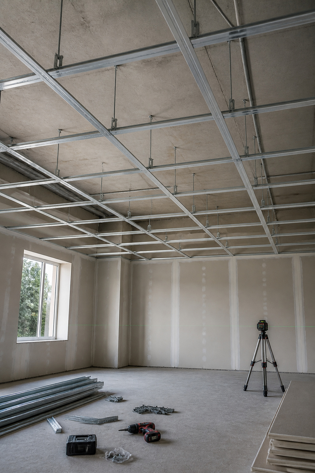 Main runners for the ceiling grid being cut to length.
