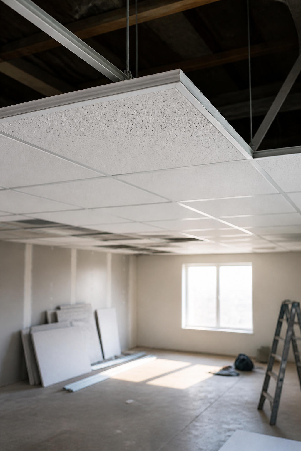Installation of ceiling tiles being lifted through the grid.