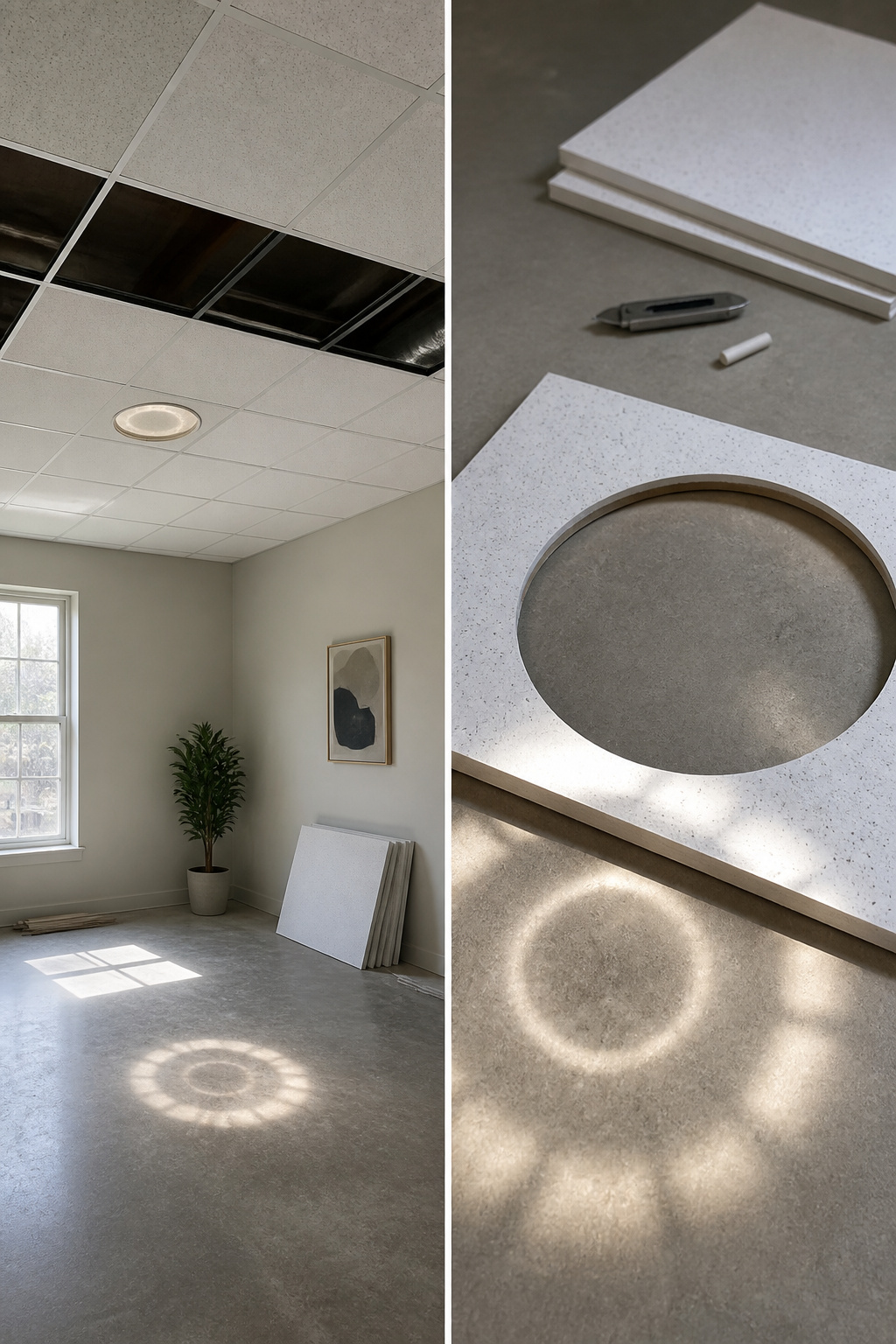 Ceiling tiles with cut openings for light fixtures.