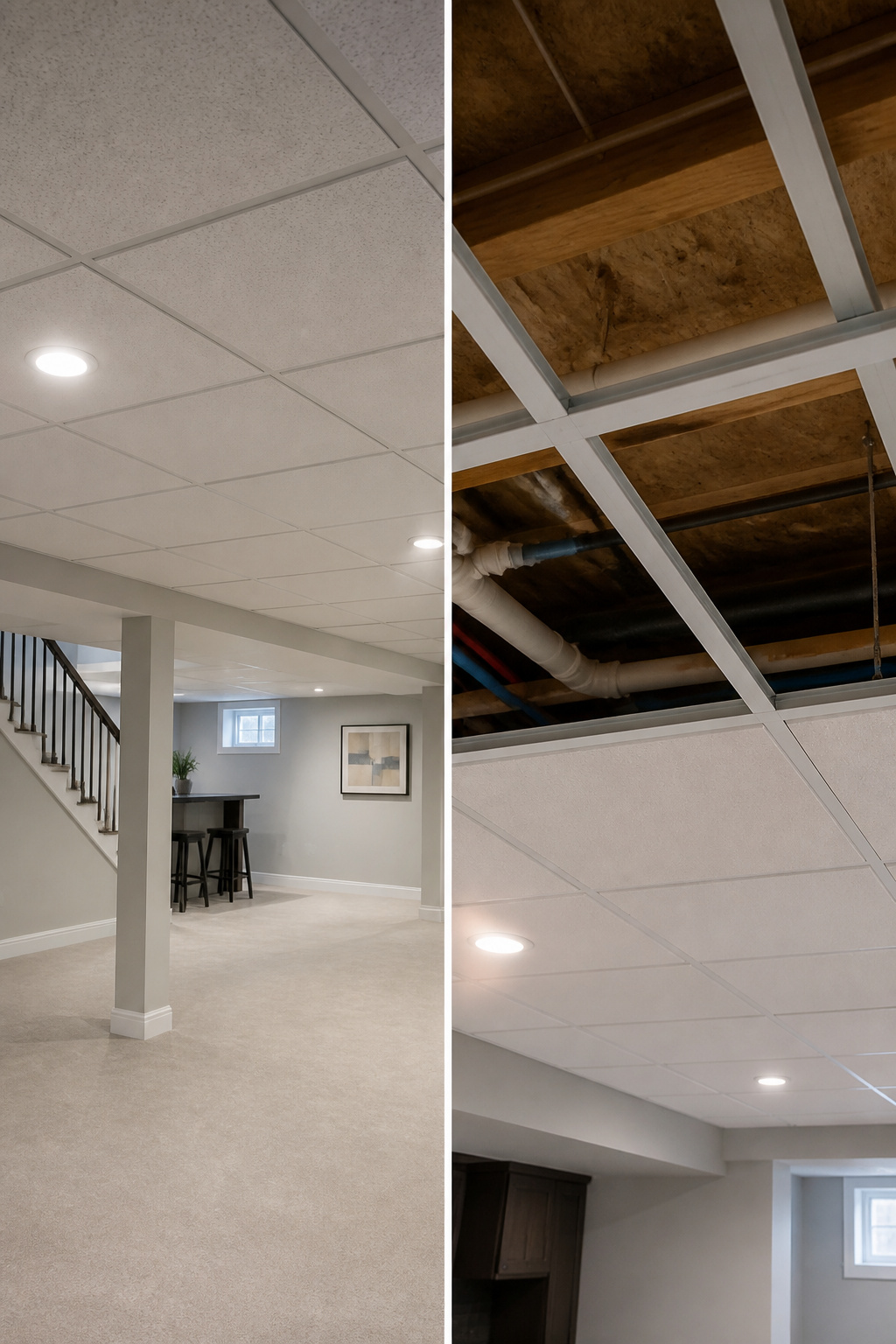 A drop ceiling showing the space between the ceiling and grid.