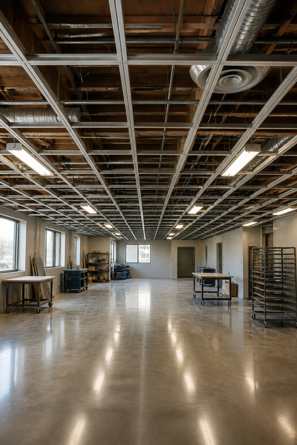 A detailed view of a metal grid system for drop ceilings.