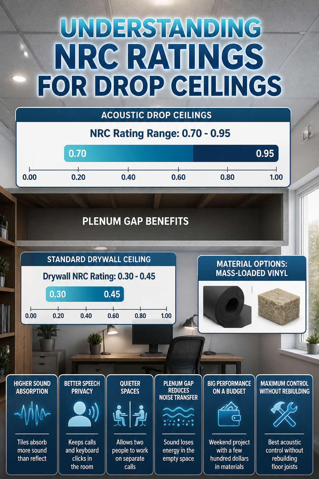 An information graphic explaining NRC ratings for acoustic ceilings.