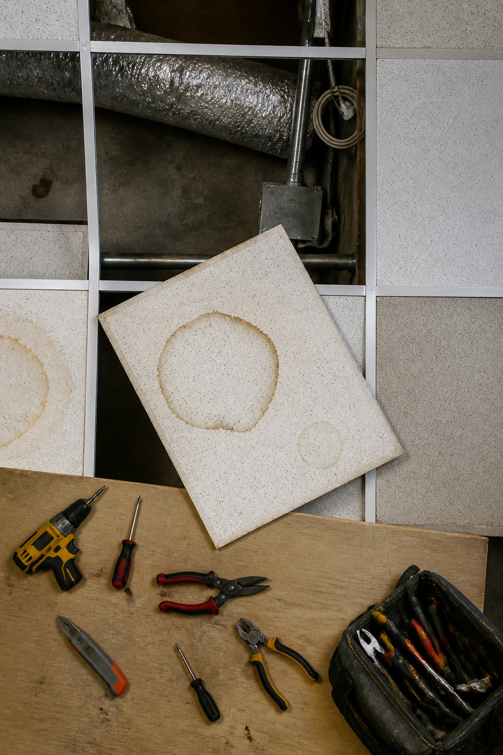 A hand lifting a tile from a drop ceiling grid.