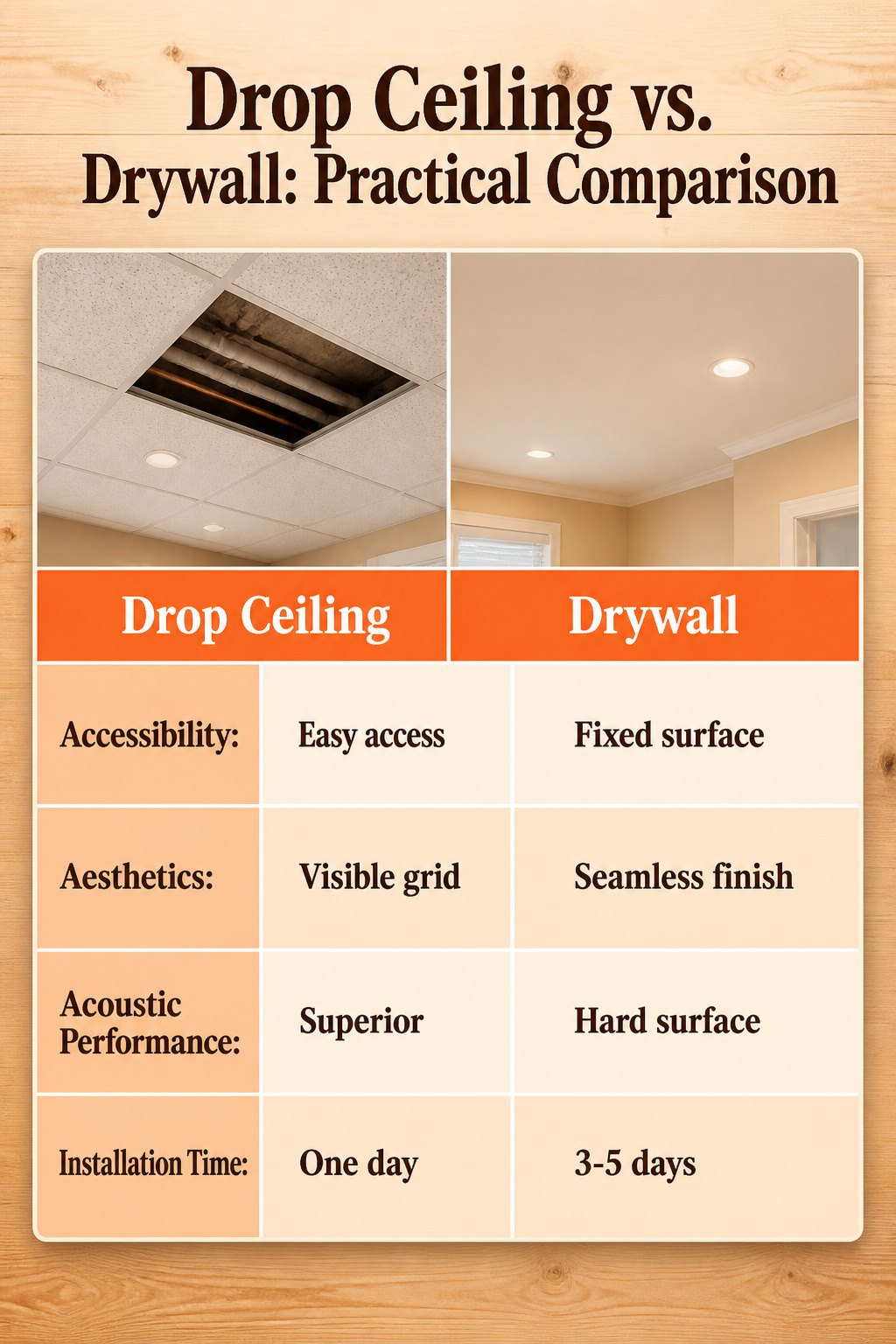 A side-by-side comparison of drop ceilings and drywall characteristics.