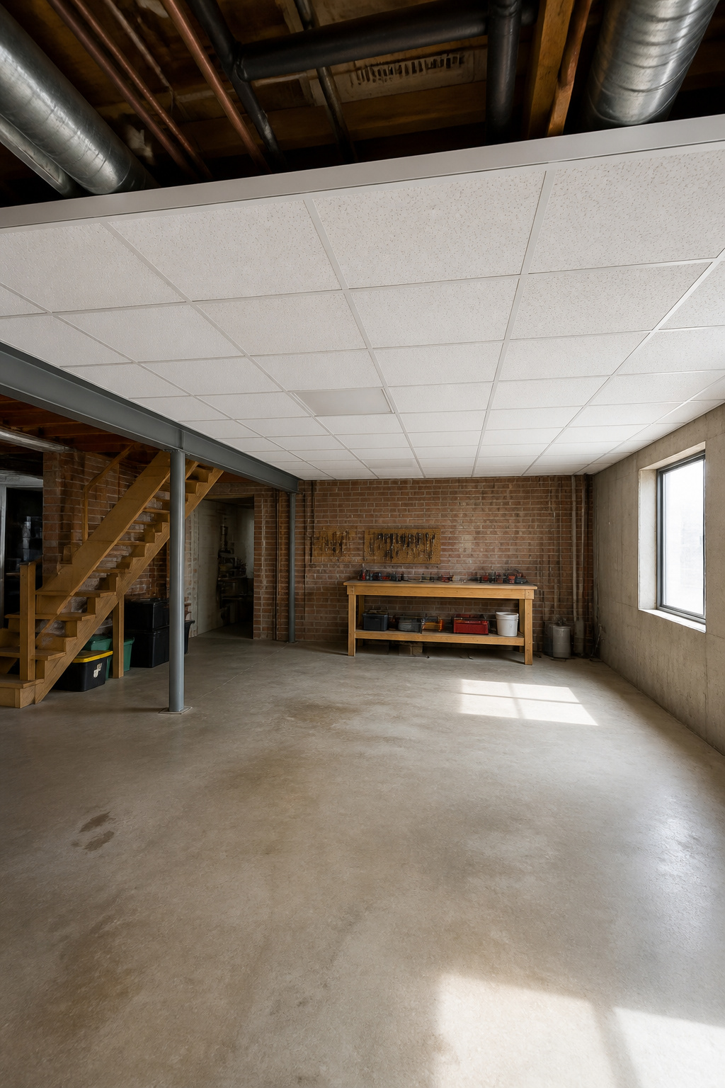 A drop ceiling installed in a basement with visible utilities.