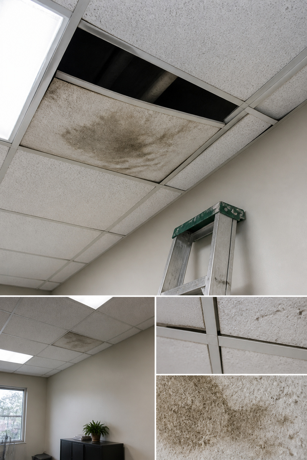 A stained mineral fiber tile in a drop ceiling.