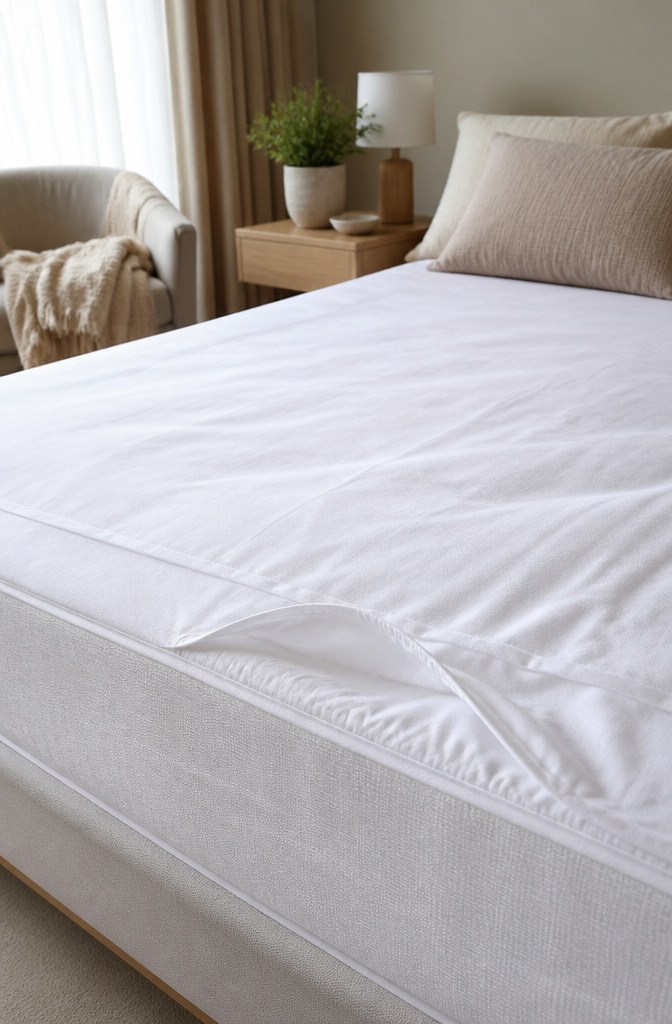 Close-up of a care label on a mattress protector.