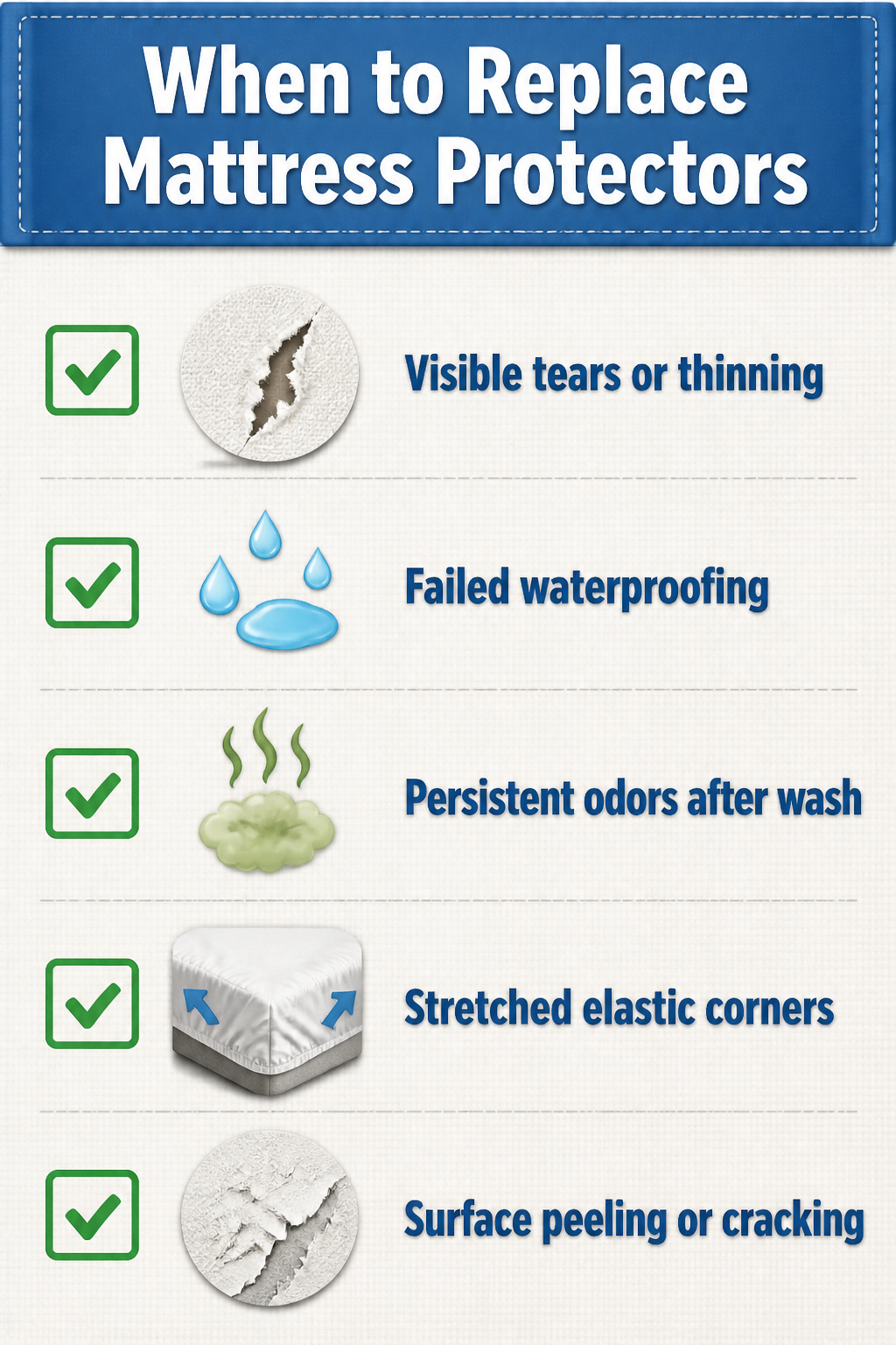 A close-up of a mattress protector showing signs of wear.