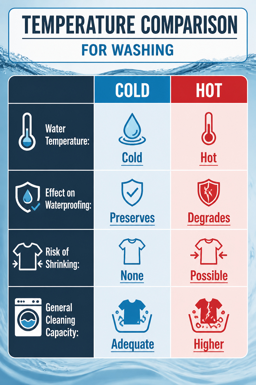 A temperature comparison chart for washing mattress protectors.
