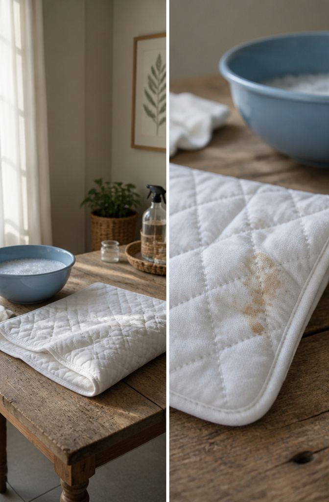 A clean mattress protector with visible stains being spot-treated.