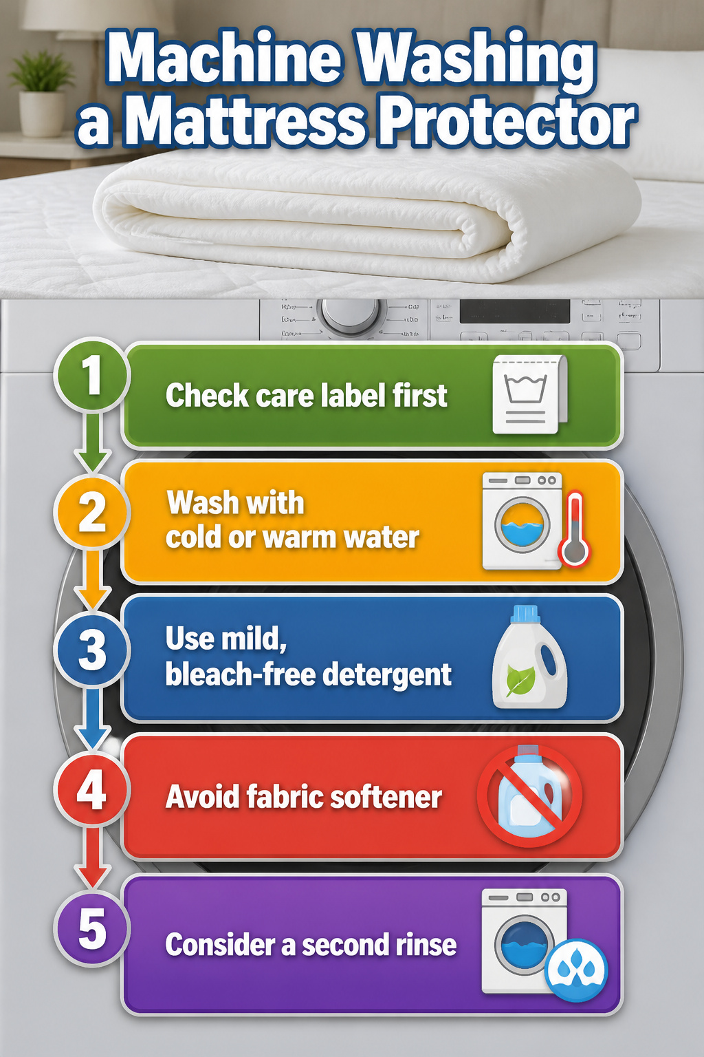 A washing machine with a mattress protector inside.