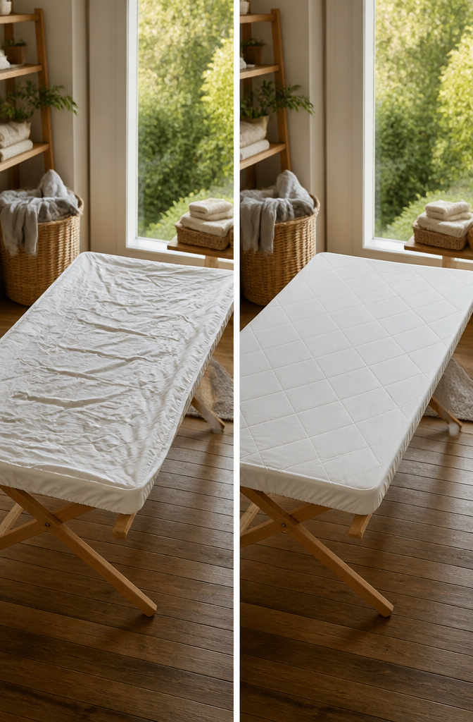 A drying rack with a mattress protector laid flat to air dry.