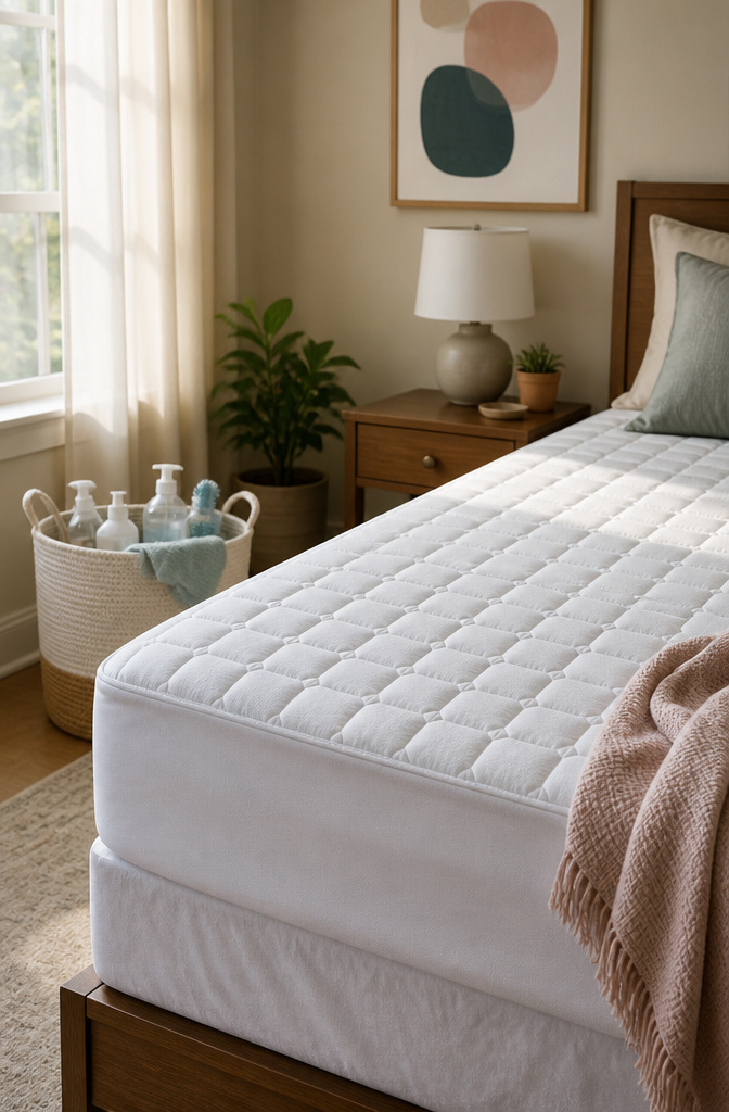 A plush quilted mattress protector covering a bed.