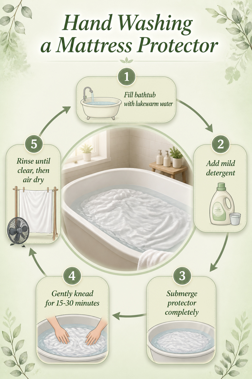 A hand washing setup with a mattress protector submerged in water.