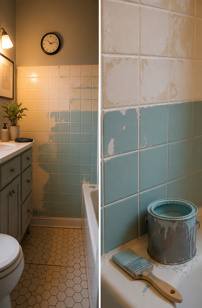 Close-up of painted tiles showing signs of wear over time.