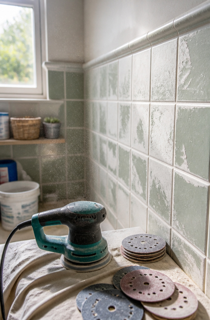 A ceramic tile wall being sanded before repainting.