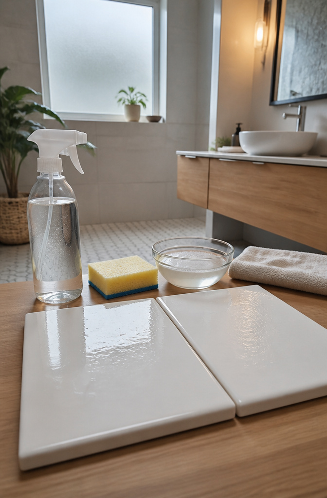 A pair of cleaned white tiles with tile cleaner and sponge.