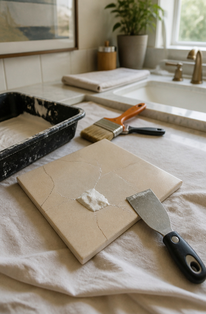 Close-up of a tile showing cracks and spackle being applied.