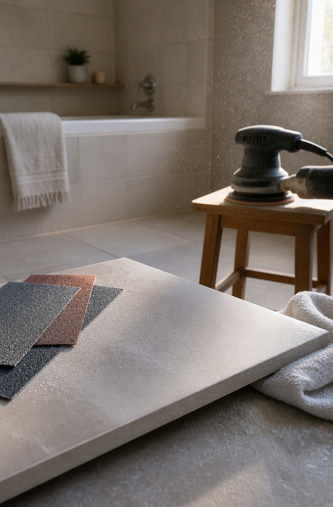 A ceramic tile being sanded with an electric sander and sandpaper.