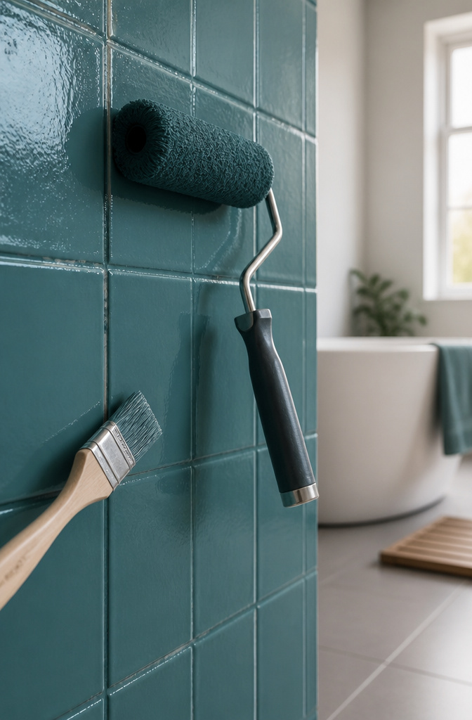 A freshly painted tile wall with paint supplies nearby.