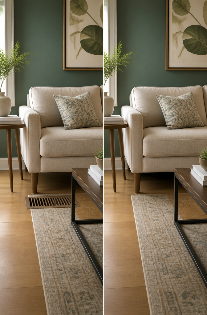 Sofa on legs with space underneath for airflow.