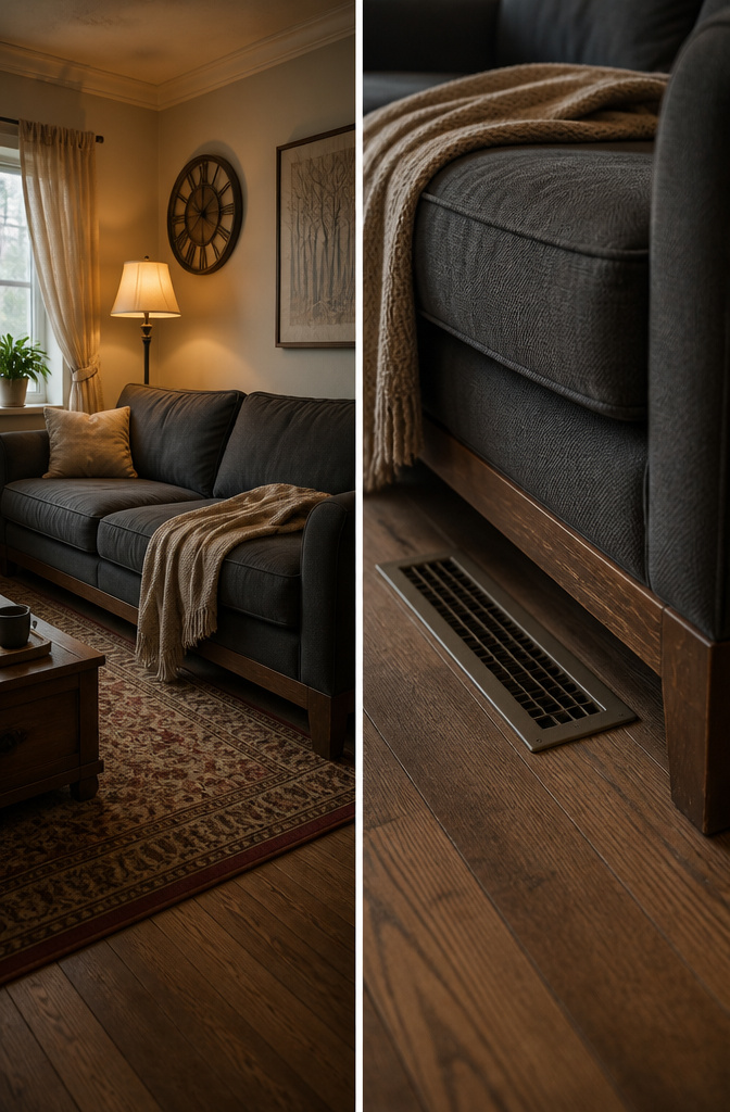 Couch with potential heat damage risks underneath.