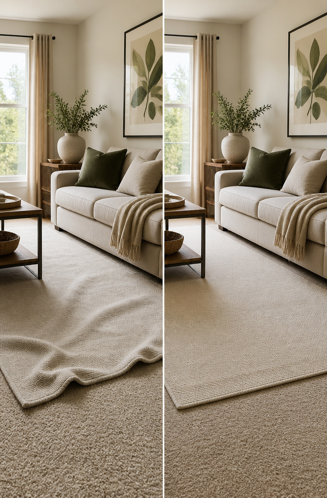 A photograph illustrating a rug layered over carpet.