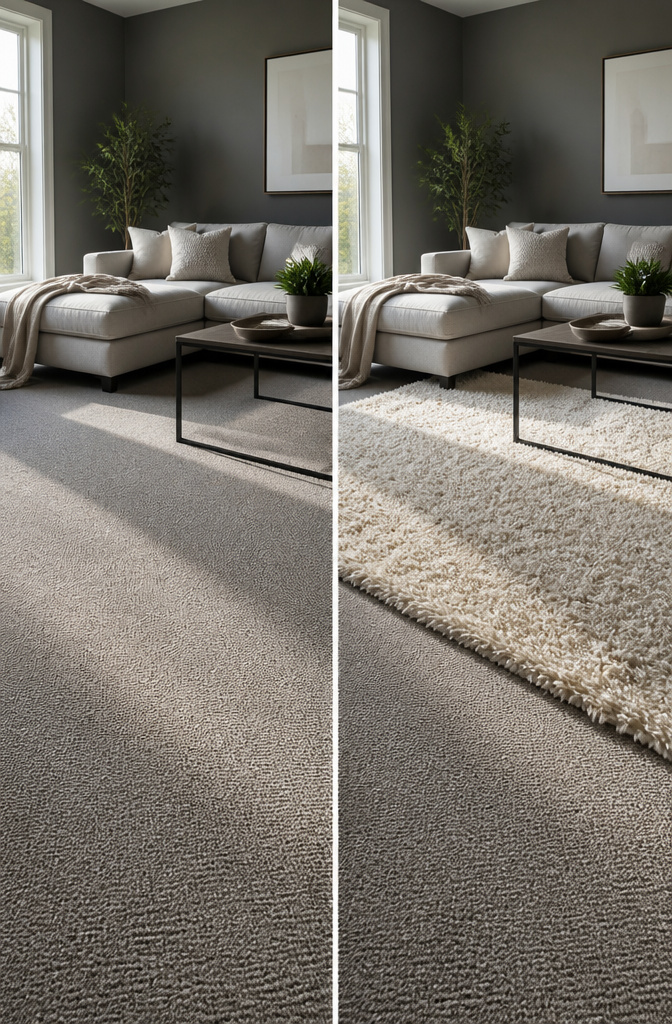 A comparison of low-pile and high-pile carpet types.