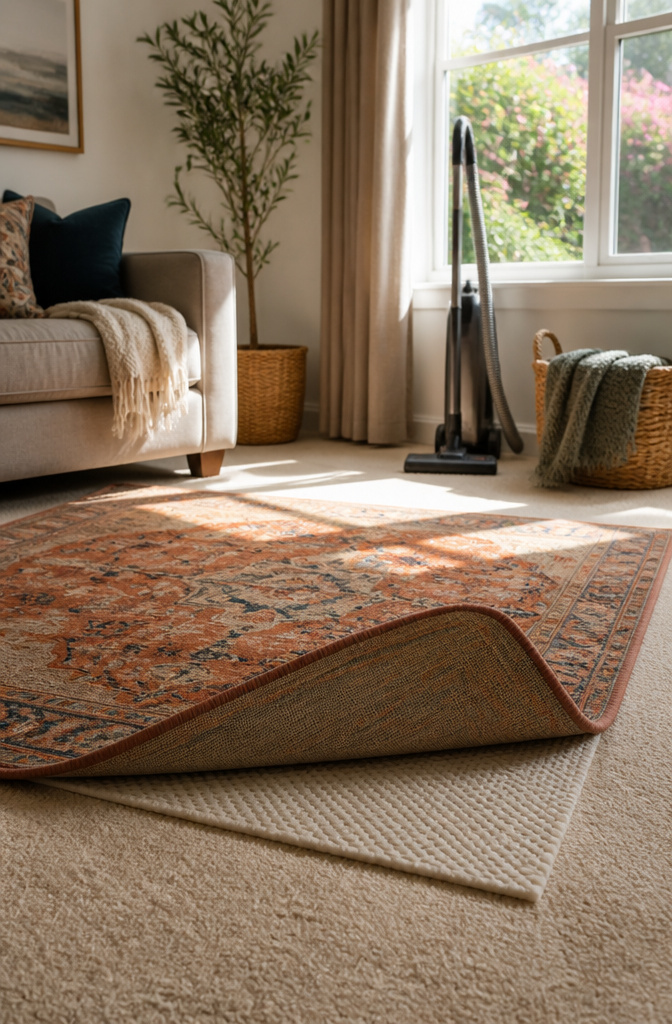 An area rug slightly lifted, revealing the carpet underneath.