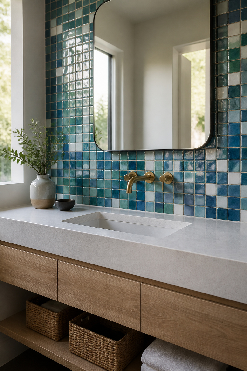 Zellige tiles in blue, green, and white on a bathroom backsplash.