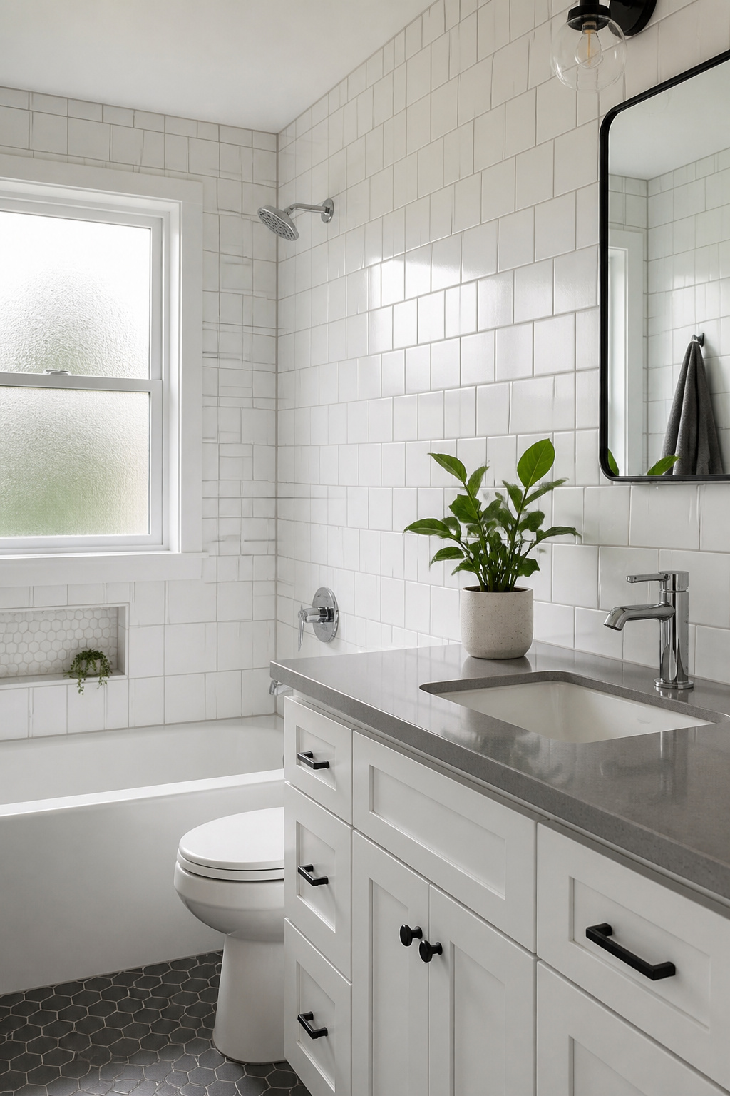 Grid-patterned subway tiles installed in a bathroom.