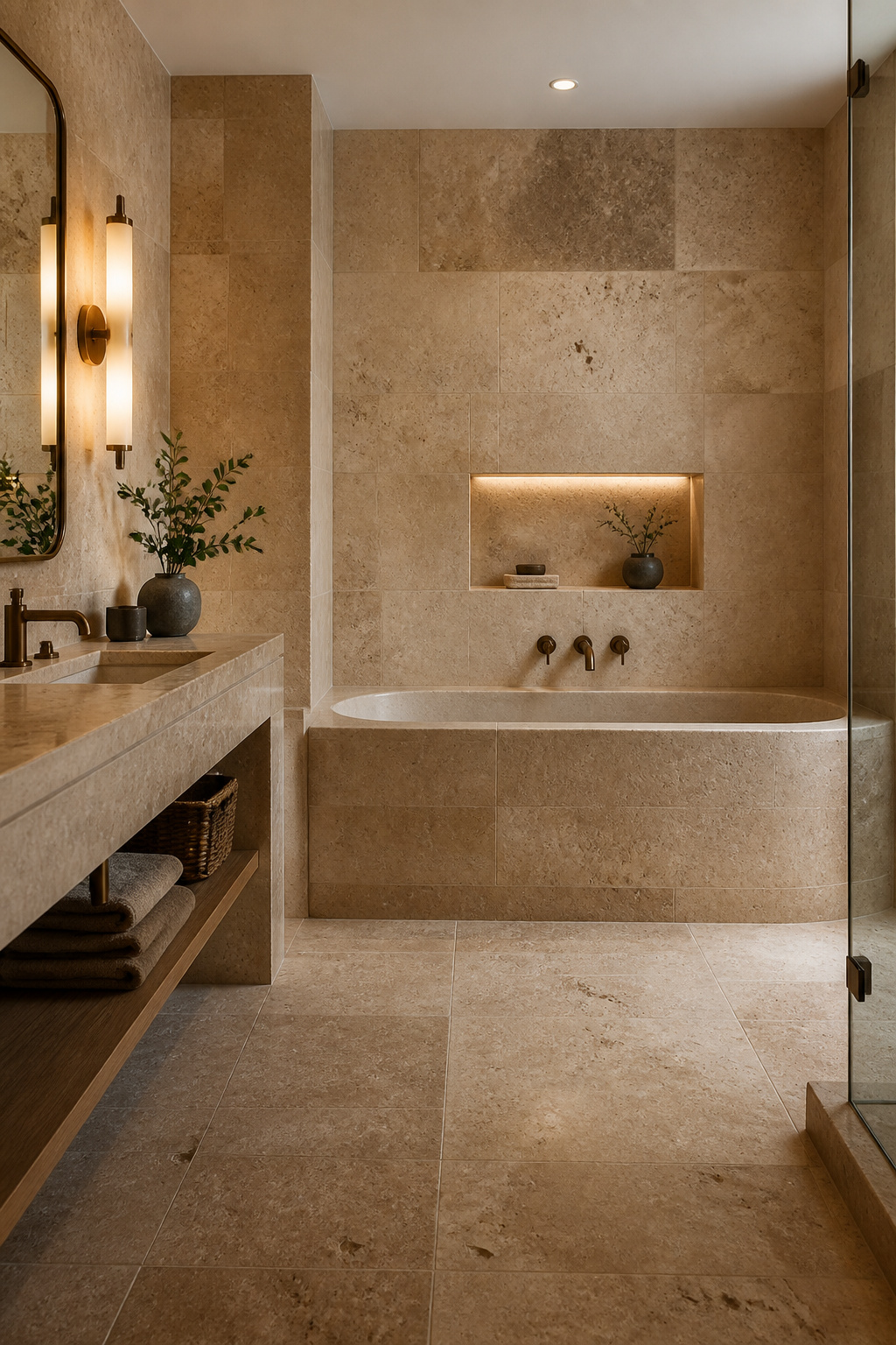 Travertine tiles covering the walls and floor of a luxurious bathroom.