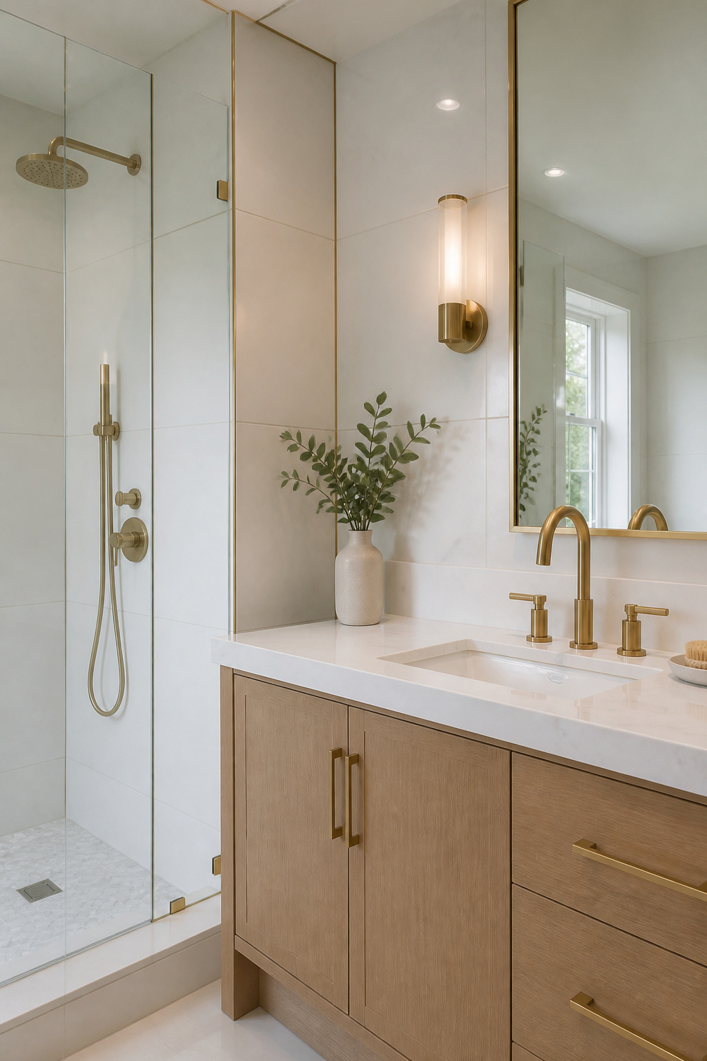 Trim pieces at the corners of large-format tiles in a bathroom.