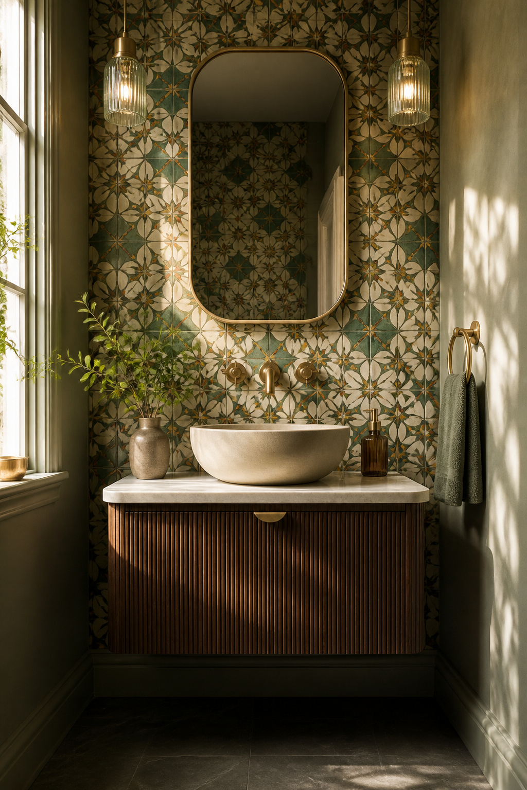 Geometric floral patterned tiles in a powder room.