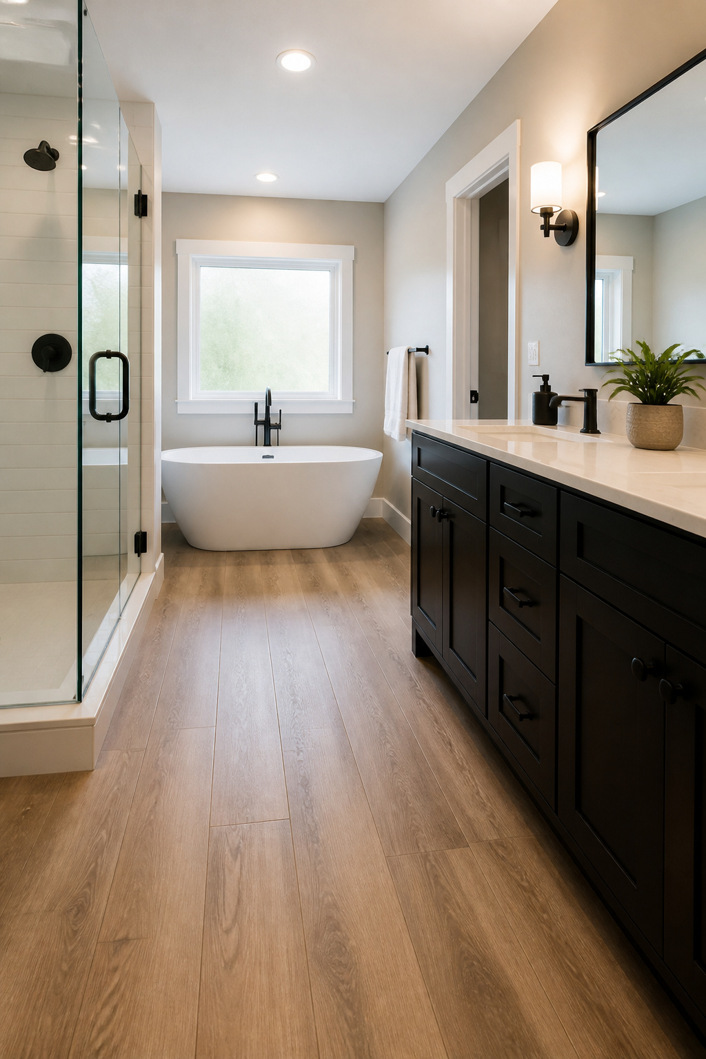 Wood-look porcelain tiles covering the bathroom floor.