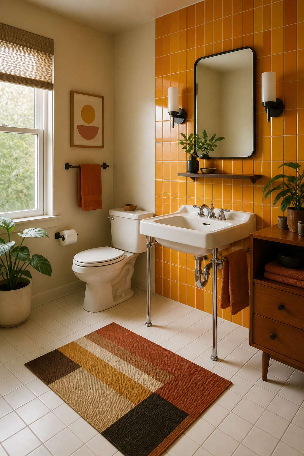 Midcentury modern bathroom with warm-colored tiles and fixtures.