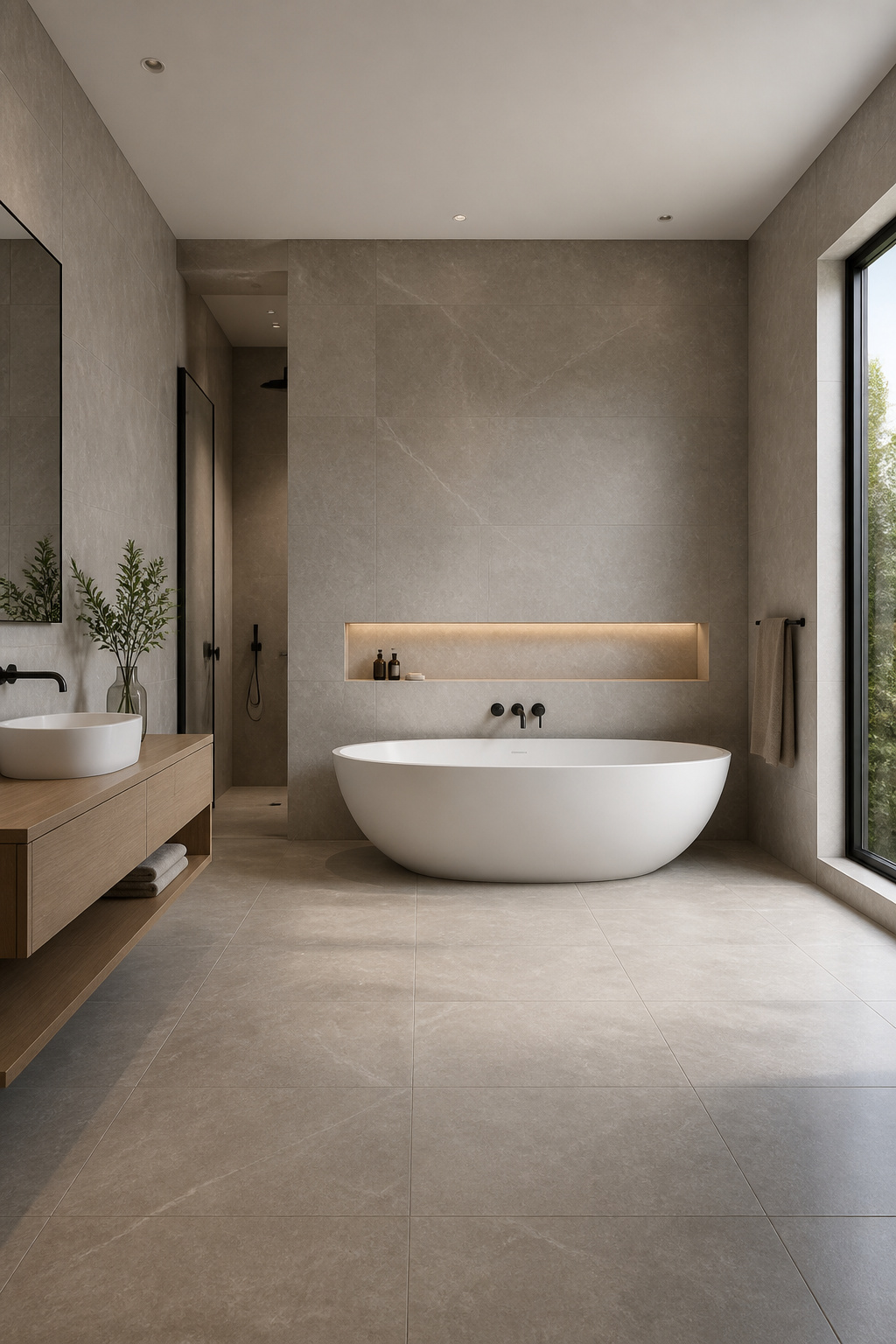 Large-format tiles installed in a modern bathroom.