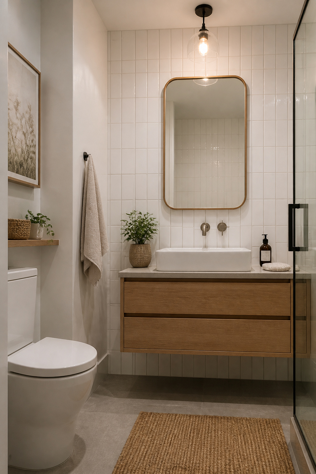 Vertical stacks of white subway tiles in a bathroom.