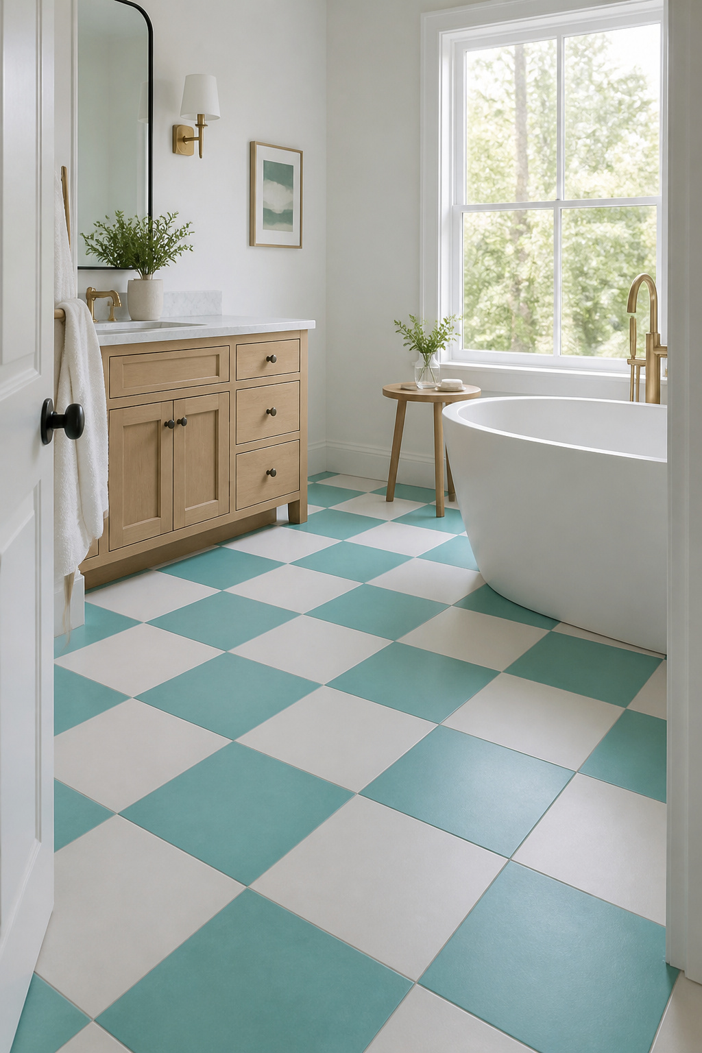 Checkerboard tiles in turquoise and white on a bathroom floor.