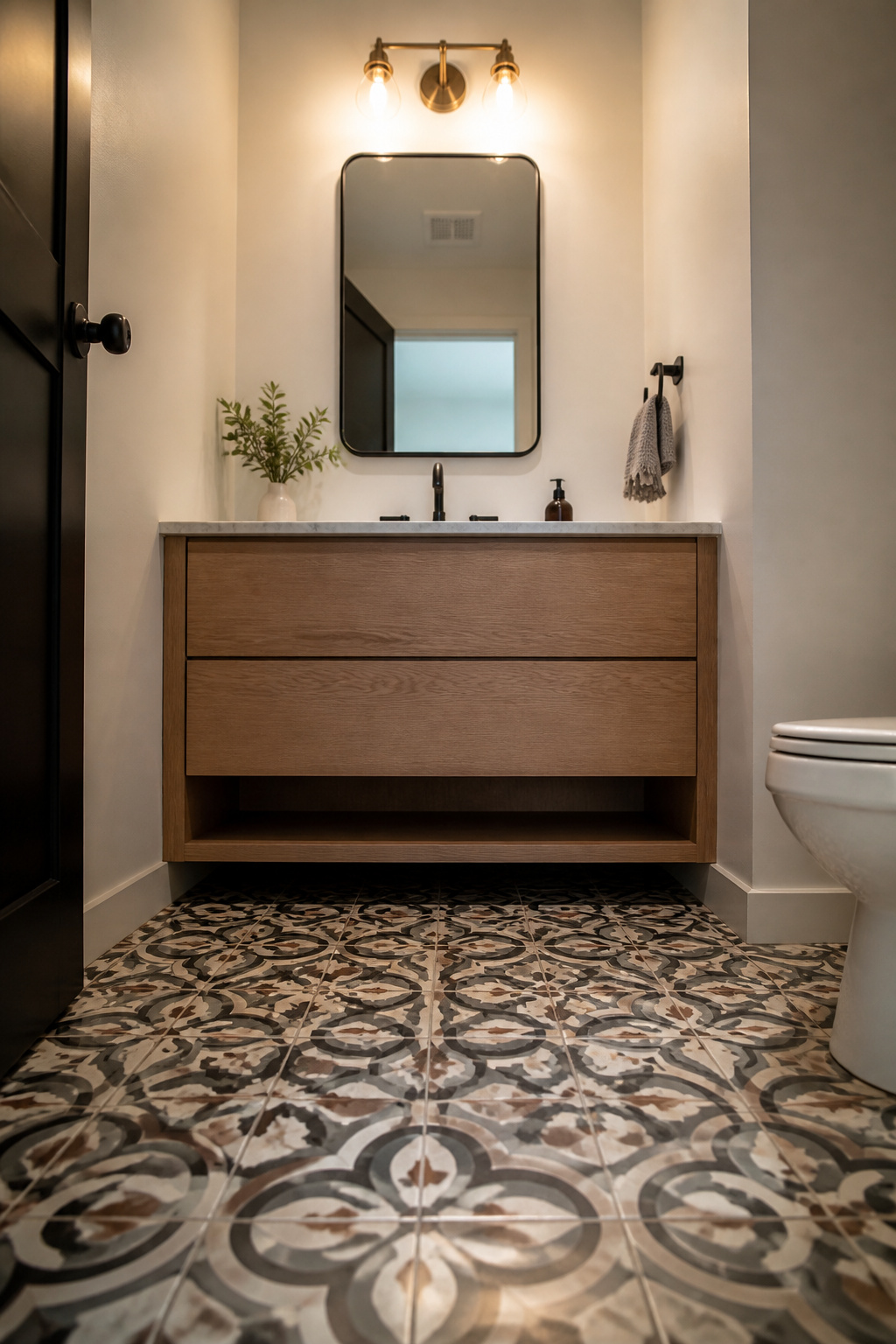 Intricate patterned floor tile in a stylish bathroom.