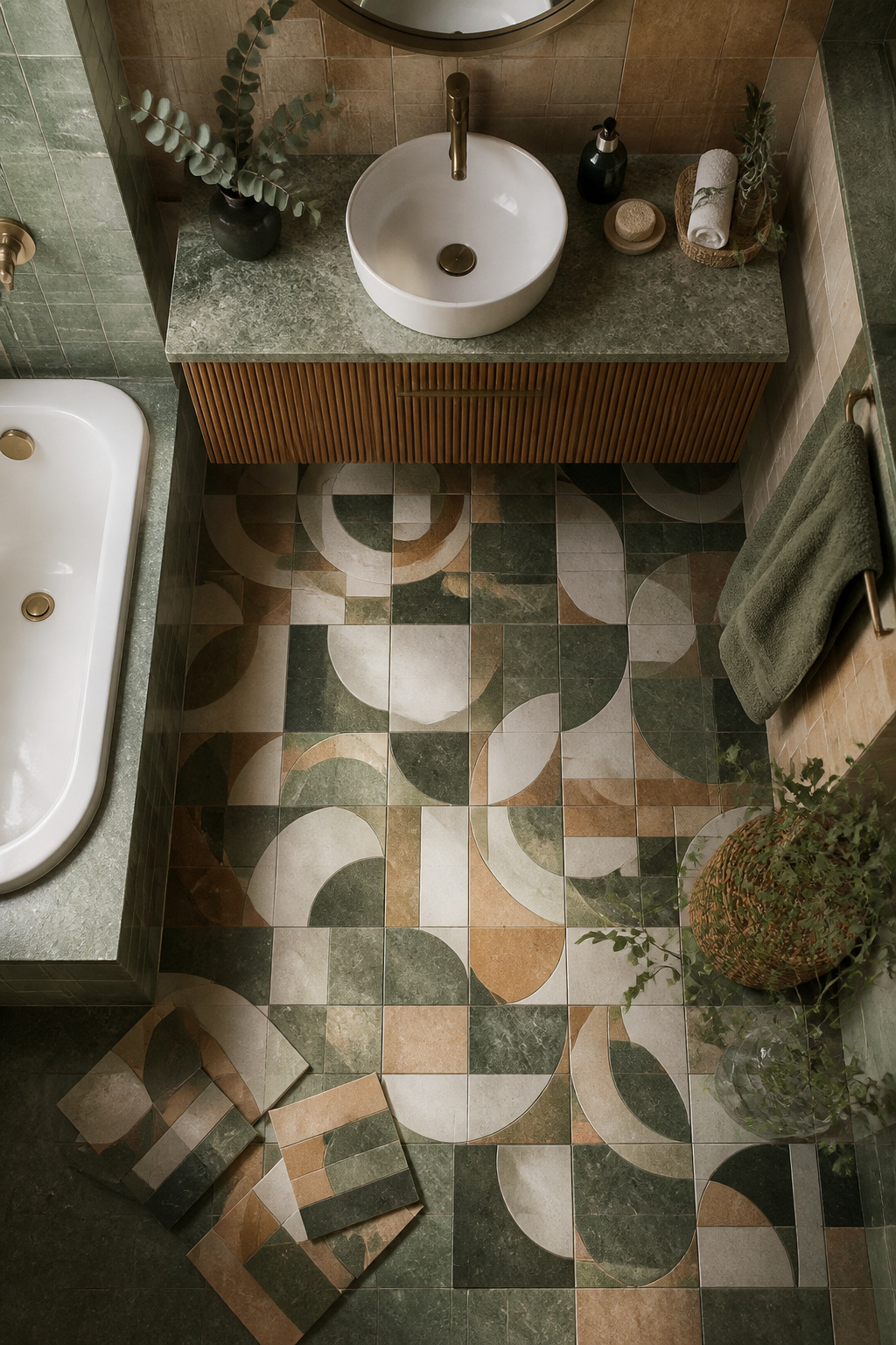 Customized tile pattern layout on a bathroom floor.