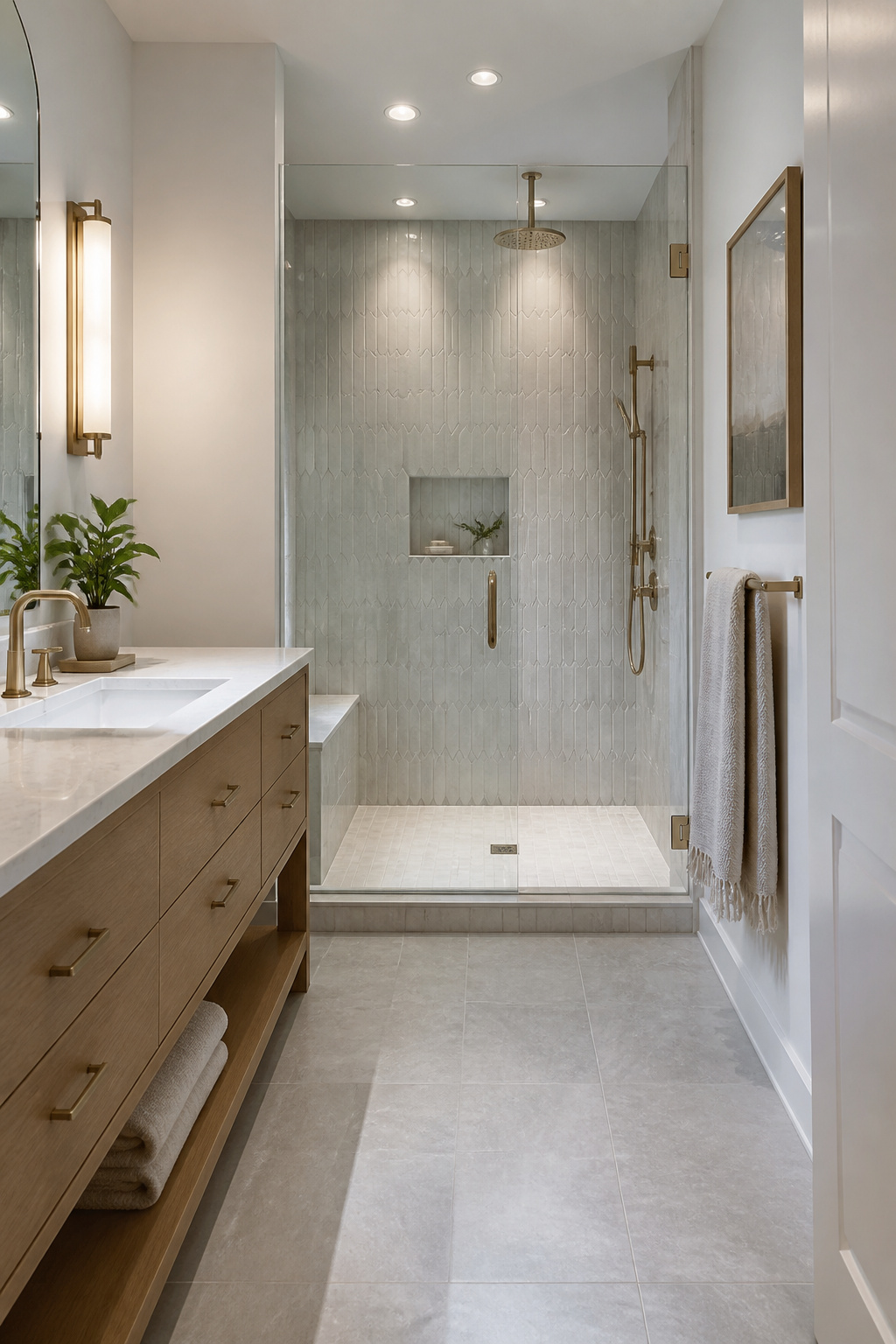 Picket-shaped tiles arranged vertically in a shower.