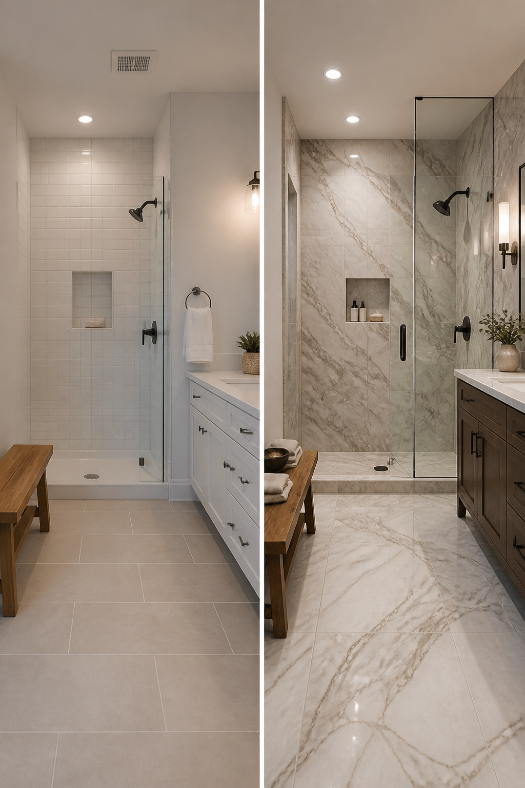 Marble-look porcelain tiles in a luxurious bathroom.