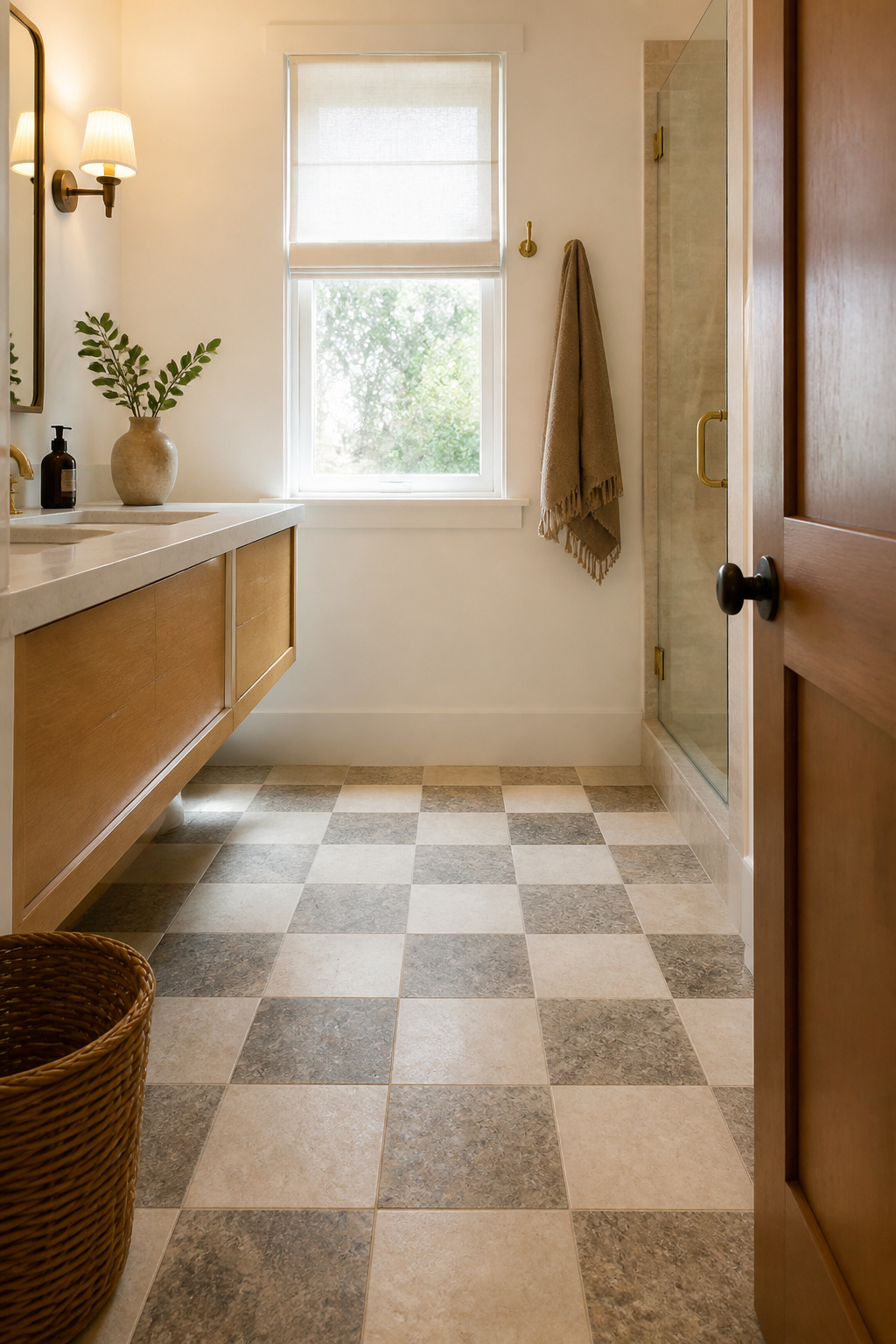 Stone checkerboard tiles on a bathroom floor.