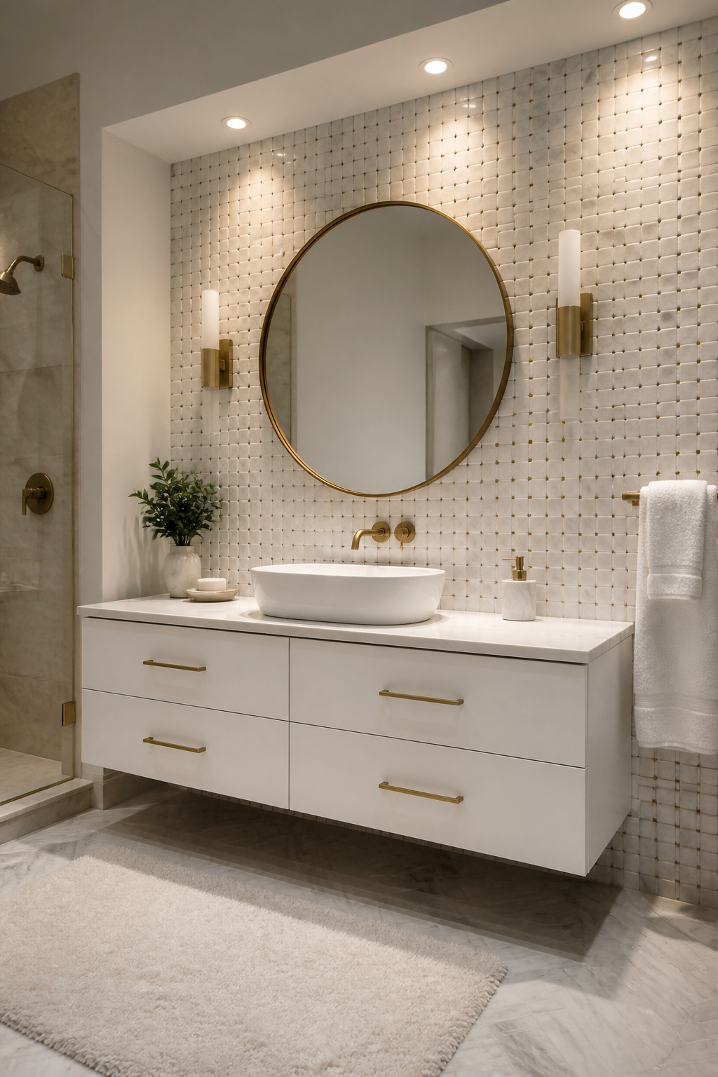 Intricately designed marble mosaic wall in a bathroom.