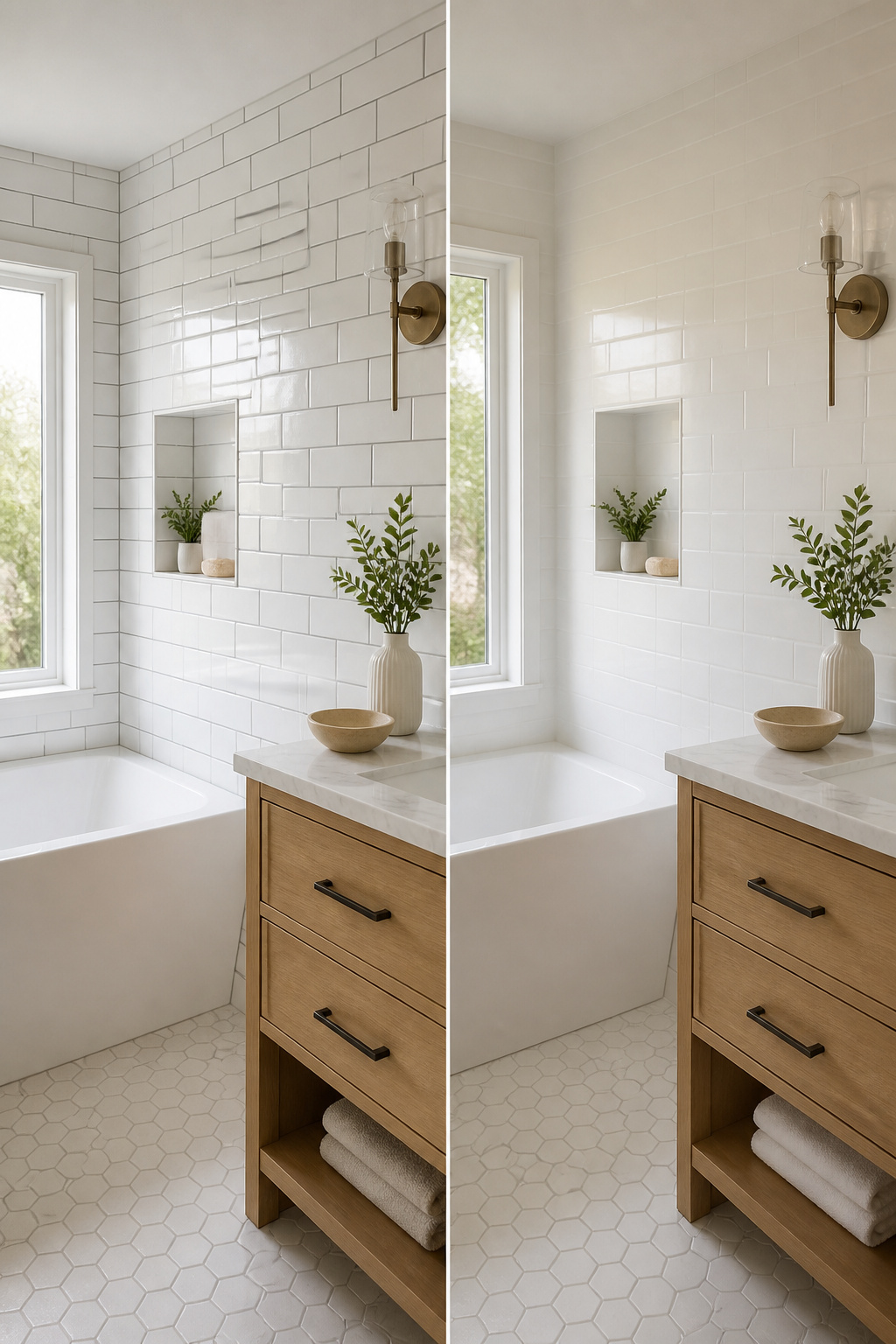 Matching grout lines with tiles in a bathroom.