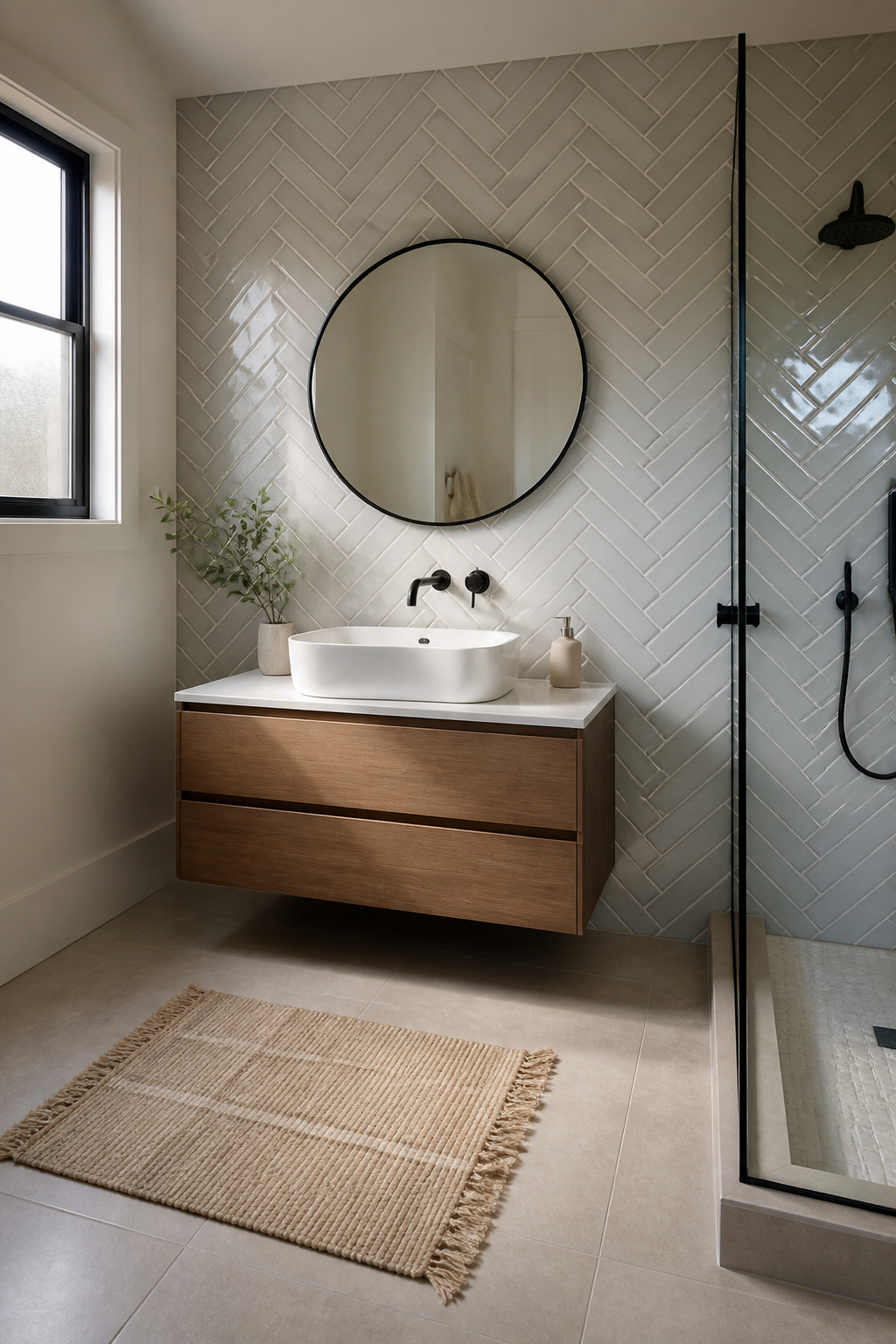 Herringbone pattern tiles on a bathroom wall.