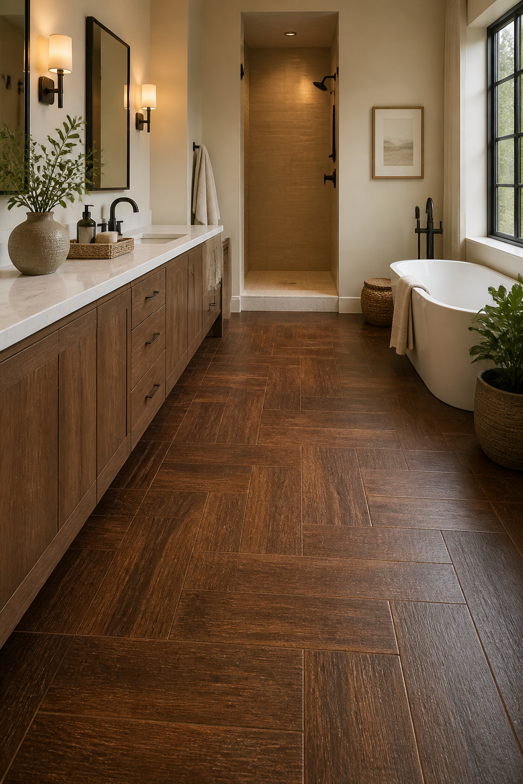 Wood-look tiles with raised patterns on the bathroom floor.