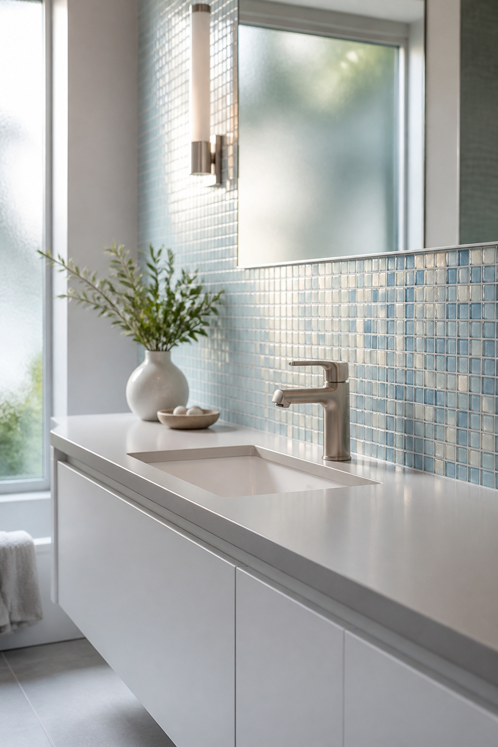Glass tiles installed in a bathroom.